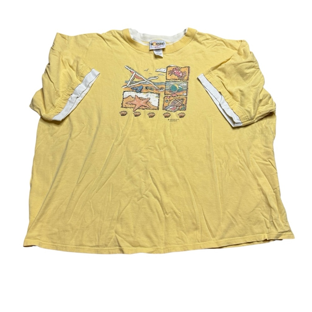 🌞 Vintage Morning Sun Beach Scene Tee – Yellow 3X‎ 🐚✨